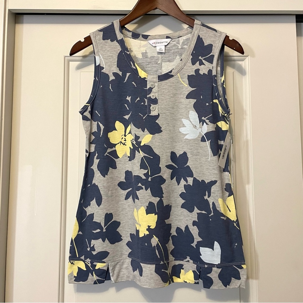 Liz Claiborne Floral Tank Top Sleeveless Tee Gray Blue Yellow Quarter Button NWT